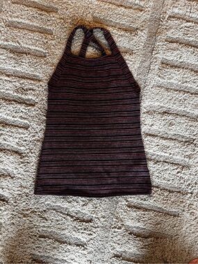 Lush Striped Halter Tank Top in Black and Burgundy